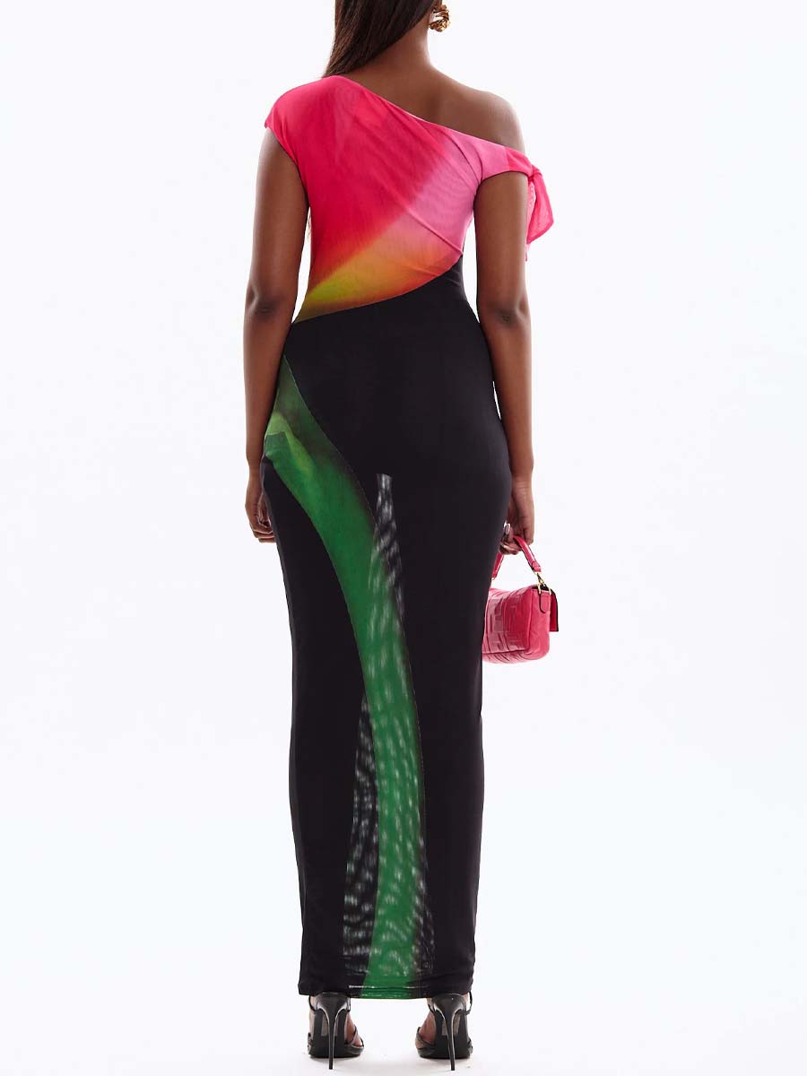 Fashion Stretch Color Block Sexy Skew Neck Dress