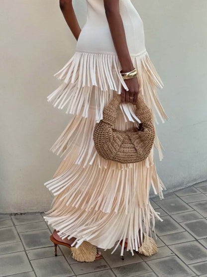 Sleeveless Knit Fringd Maxi Dress