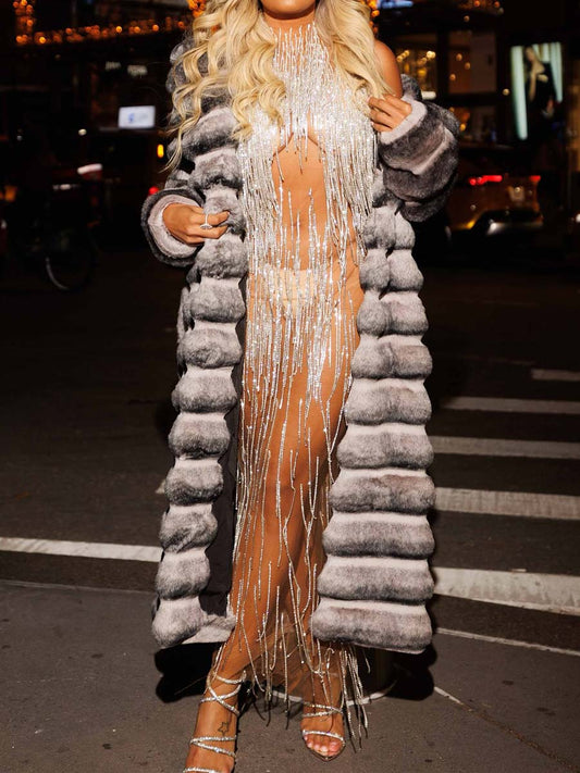 Large Lapel Lace Up Faux Fur Long Coat