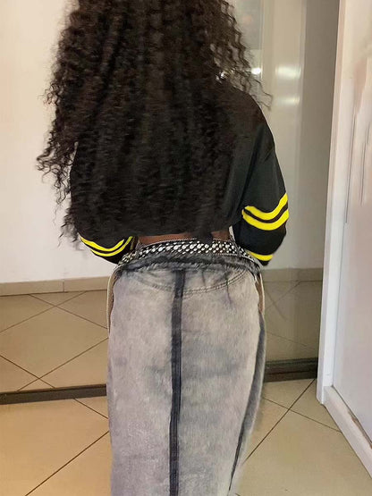 Washed Distressed Denim Dlit Faux Two-piece Skirt