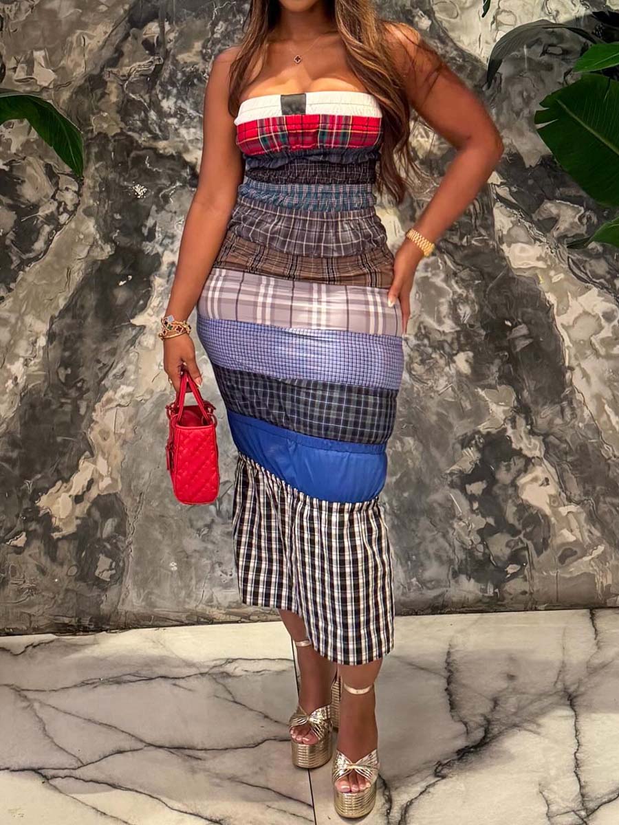 Strappless Patchwork Plaid Sexy Dress