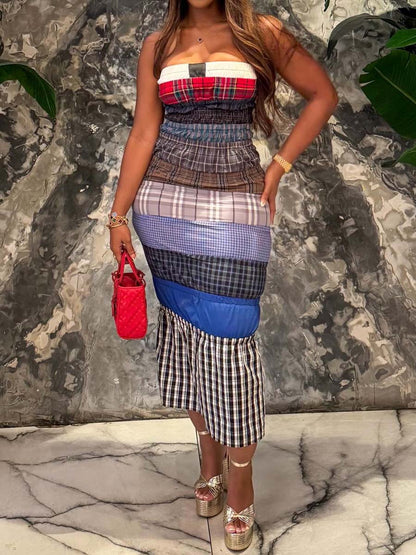 Strappless Patchwork Plaid Sexy Dress