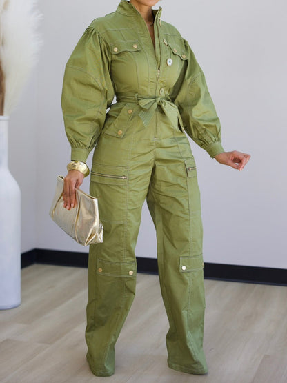 Fashion Pockets Zip Up Belted Jumpsuit