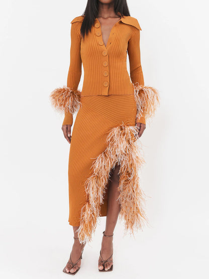 Feathered-cuff Knitted Two Pieces Dress