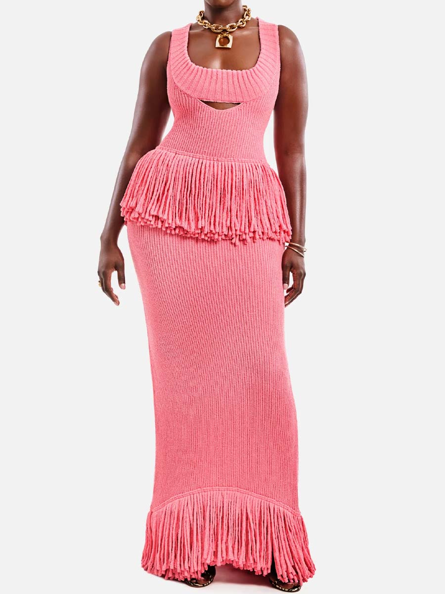 Knitted Fringed Cutout Two Pieces Dress