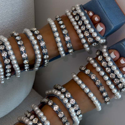 Denim Pearls Thick Heeled Sandals