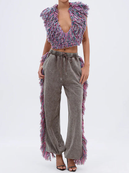 Deep V Neck Fringed Two Pieces Set