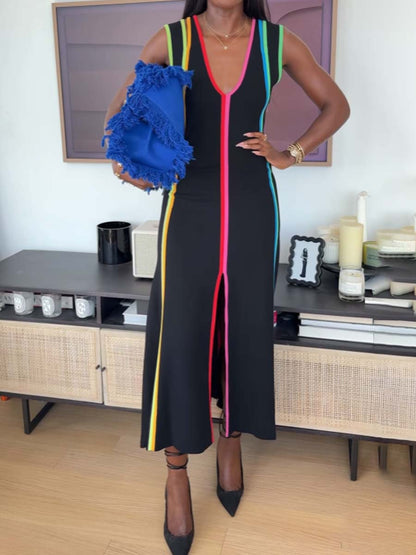 Deep V Neck Striped Stretch-knit Midi Dress