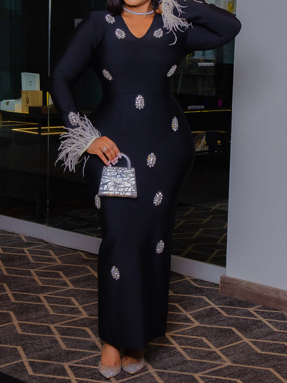 Feather-Trimmed Wrists Gemstone Embellishments Party Dress