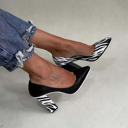 Fashion Color Block Pointed-toe Chunky Heels