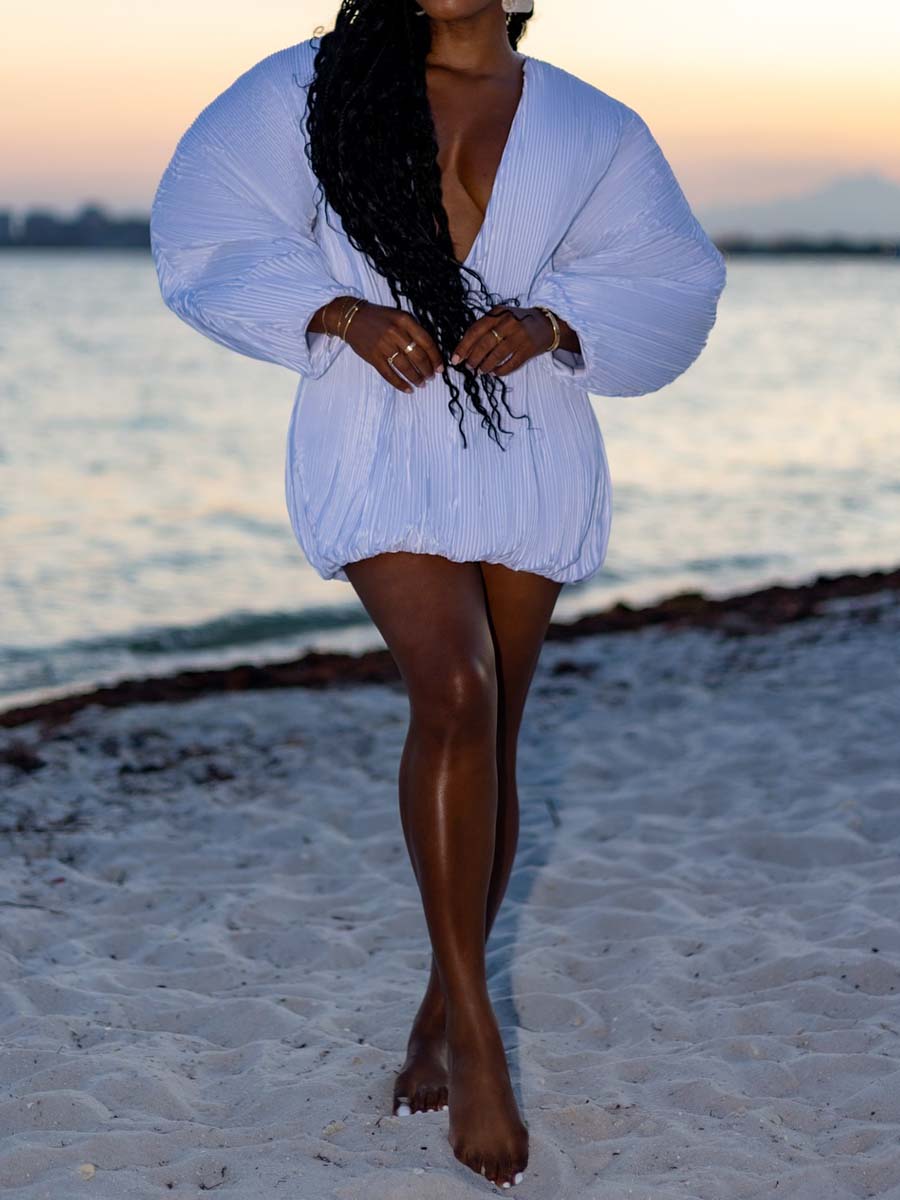 Deep V Neck Pleated Mini Dress