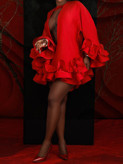 Flouced Deep V Neck Mini Dress
