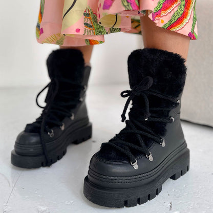 Thick-soled Furry Lace-up Boots