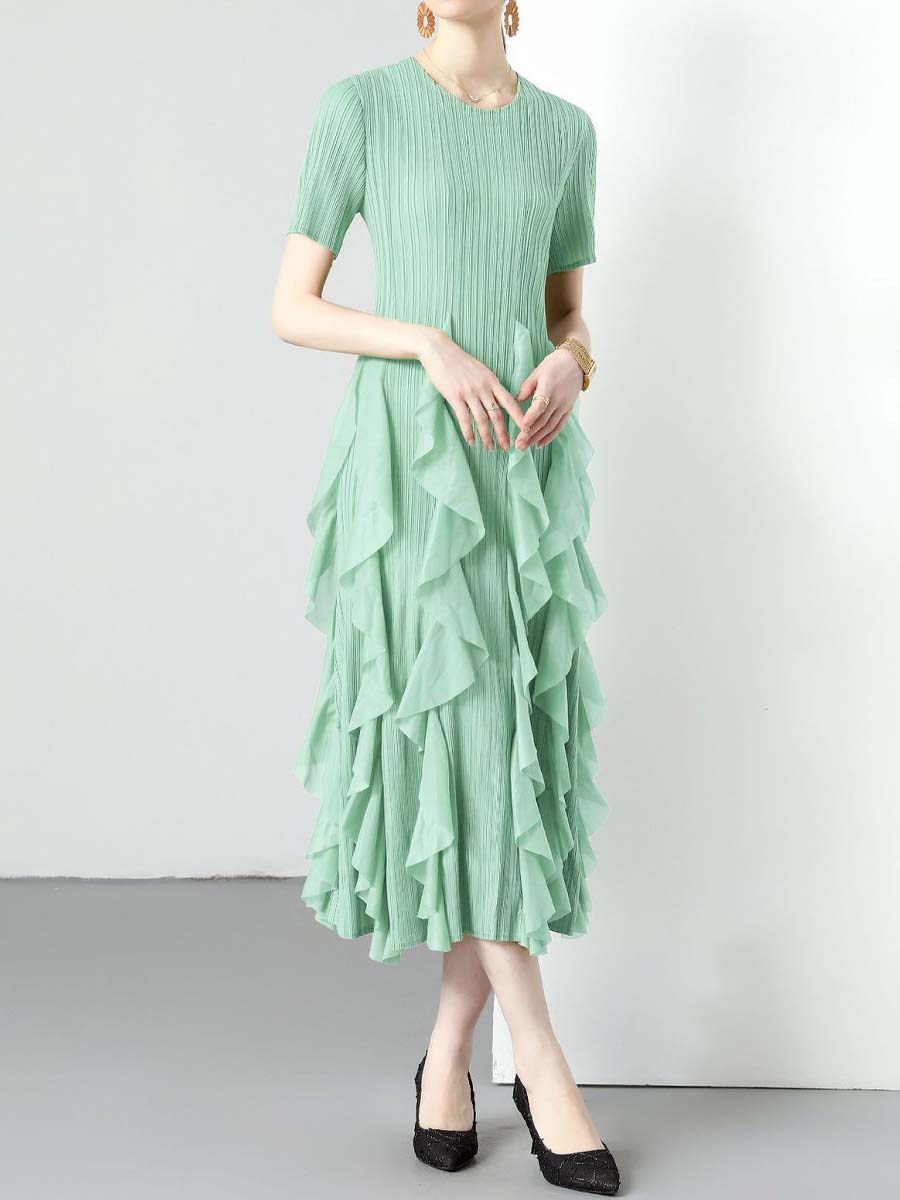 Ruffled Edges Round Neck High Waist Dress