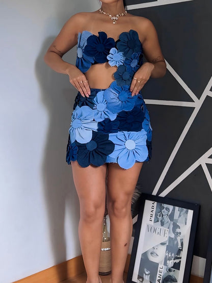 3D Flower Denim Strapped Mini Dress