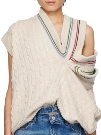 Open-Shoulder Contrast Knit Sweater