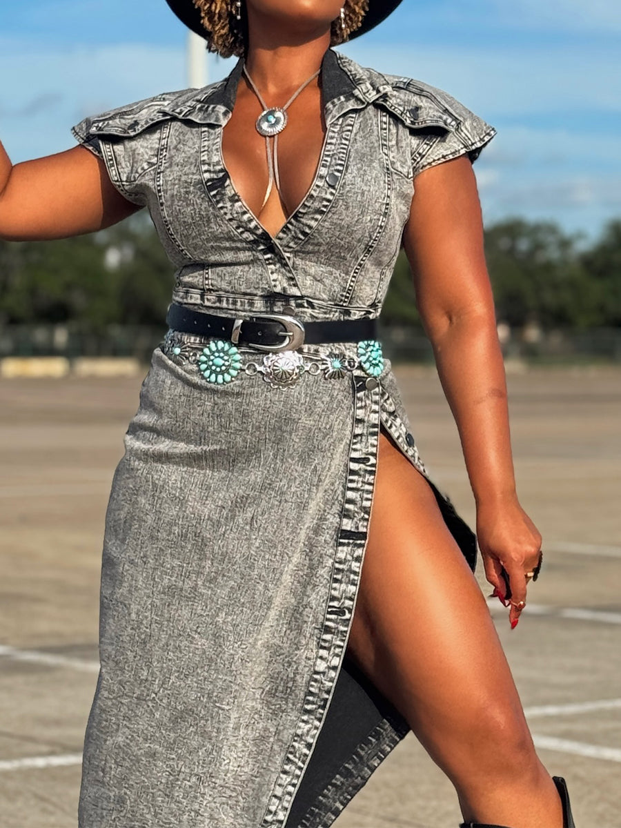 Deep V Neck Split Denim Maxi Dress