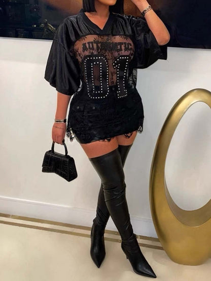 Printed Loose Casual Sexy Lace Patchwork T-shirt