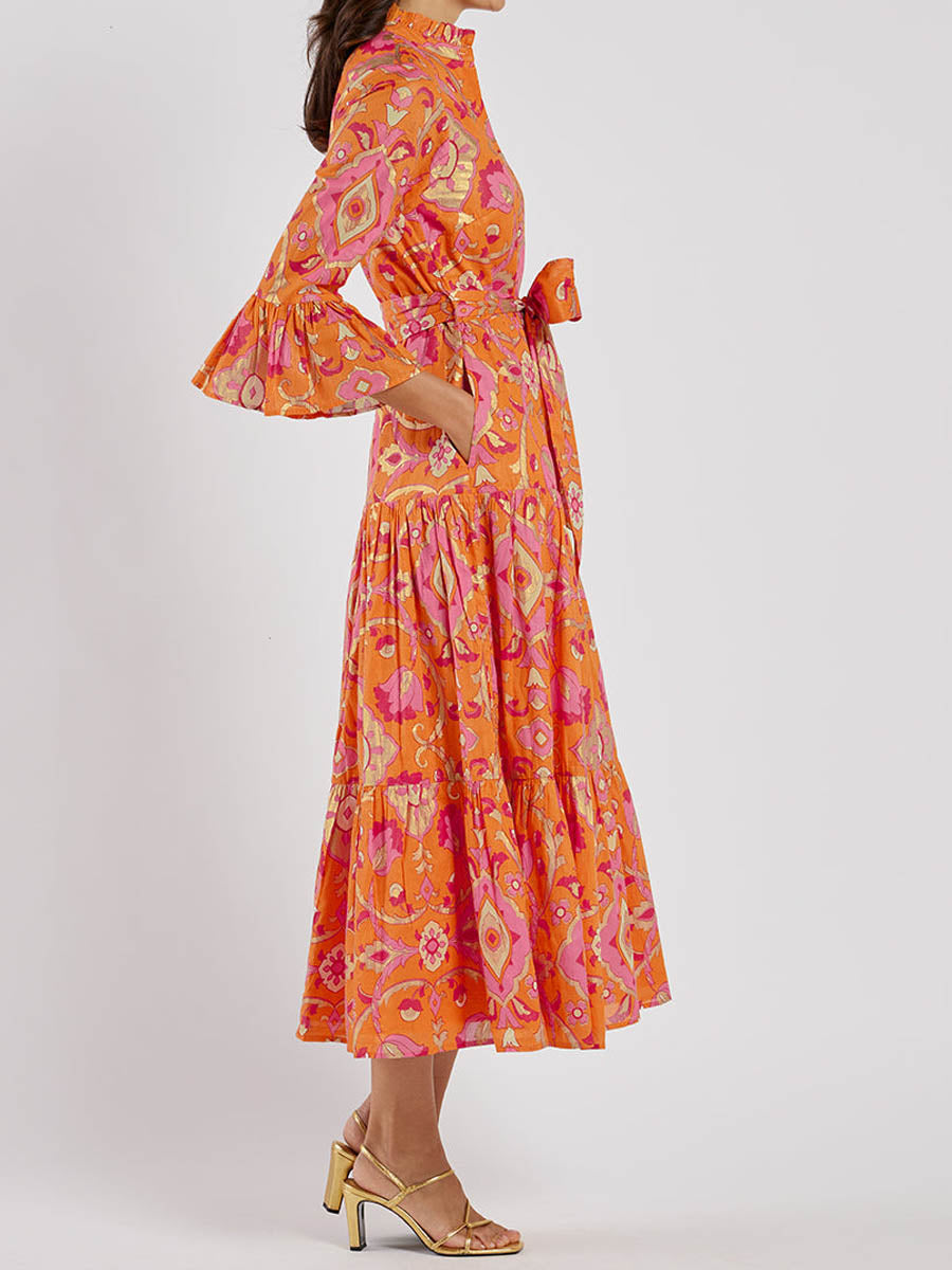 Elegant Printed Bell Sleeve Maxi Dress