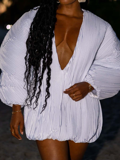 Deep V Neck Pleated Mini Dress