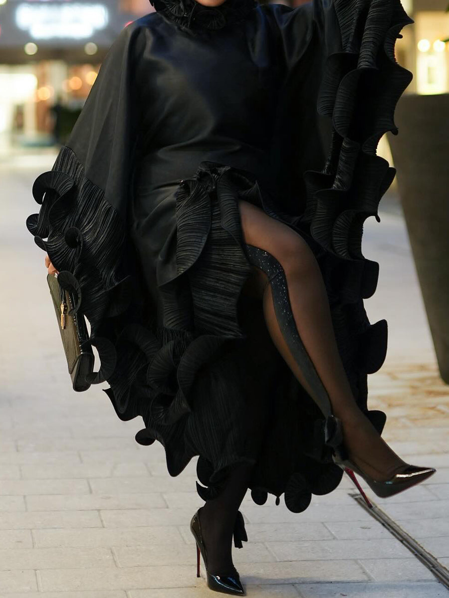 Spiral-hem Pleated Frills Loose Maxi Dress