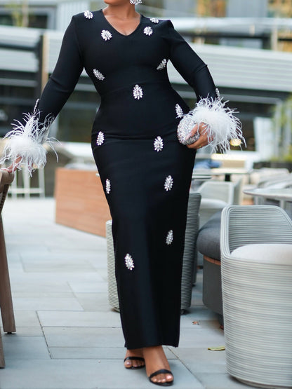 Feather-Trimmed Wrists Gemstone Embellishments Party Dress