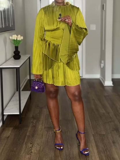 Elegant Long Sleeve Pleated Mini Dress