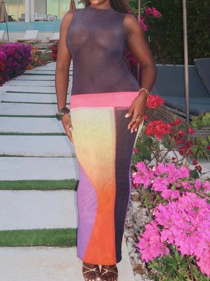 Sleeveless Color Block Maxi Dress