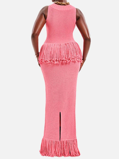 Knitted Fringed Cutout Two Pieces Dress