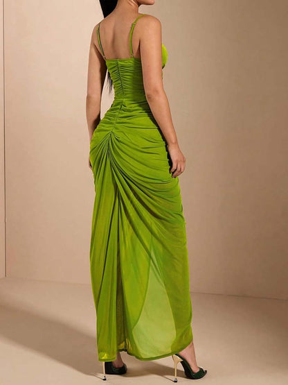 Ruffle Ruched Draped Split Maxi Dress