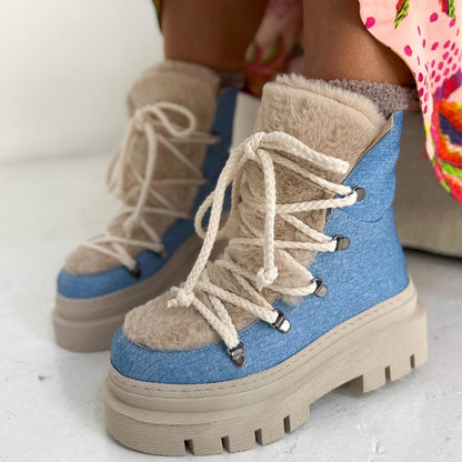 Thick-soled Furry Lace-up Boots