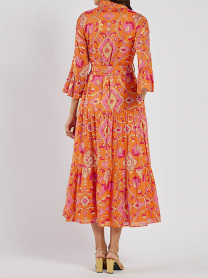 Elegant Printed Bell Sleeve Maxi Dress