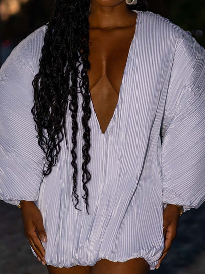 Deep V Neck Pleated Mini Dress
