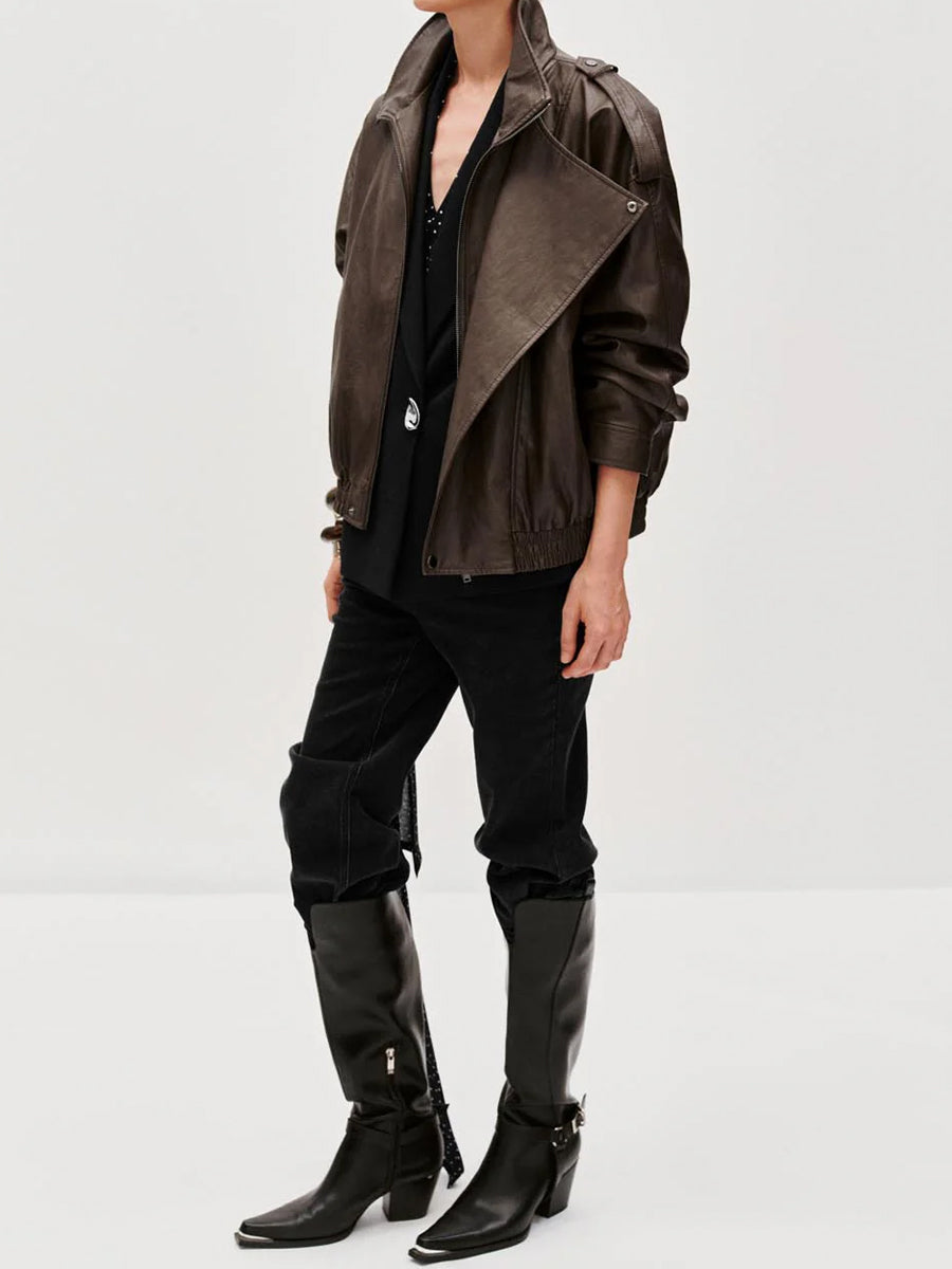 Tie Asymmetric Faux Leather Bomber Jacket
