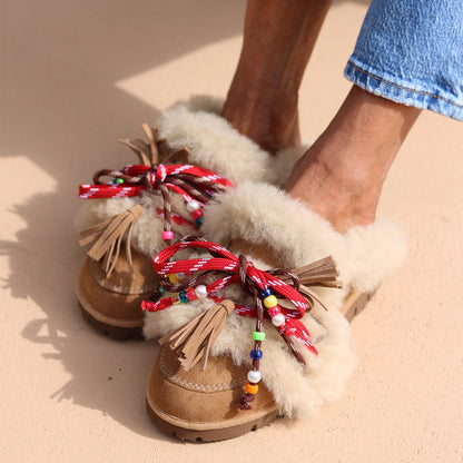Beaded Fringed Plush Lace-Up Slippers