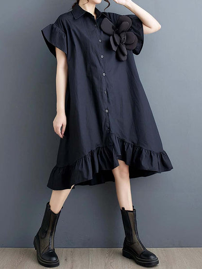 Loose Flounced 3D Flower Shirt Dress