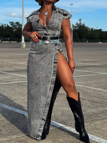 Deep V Neck Split Denim Maxi Dress