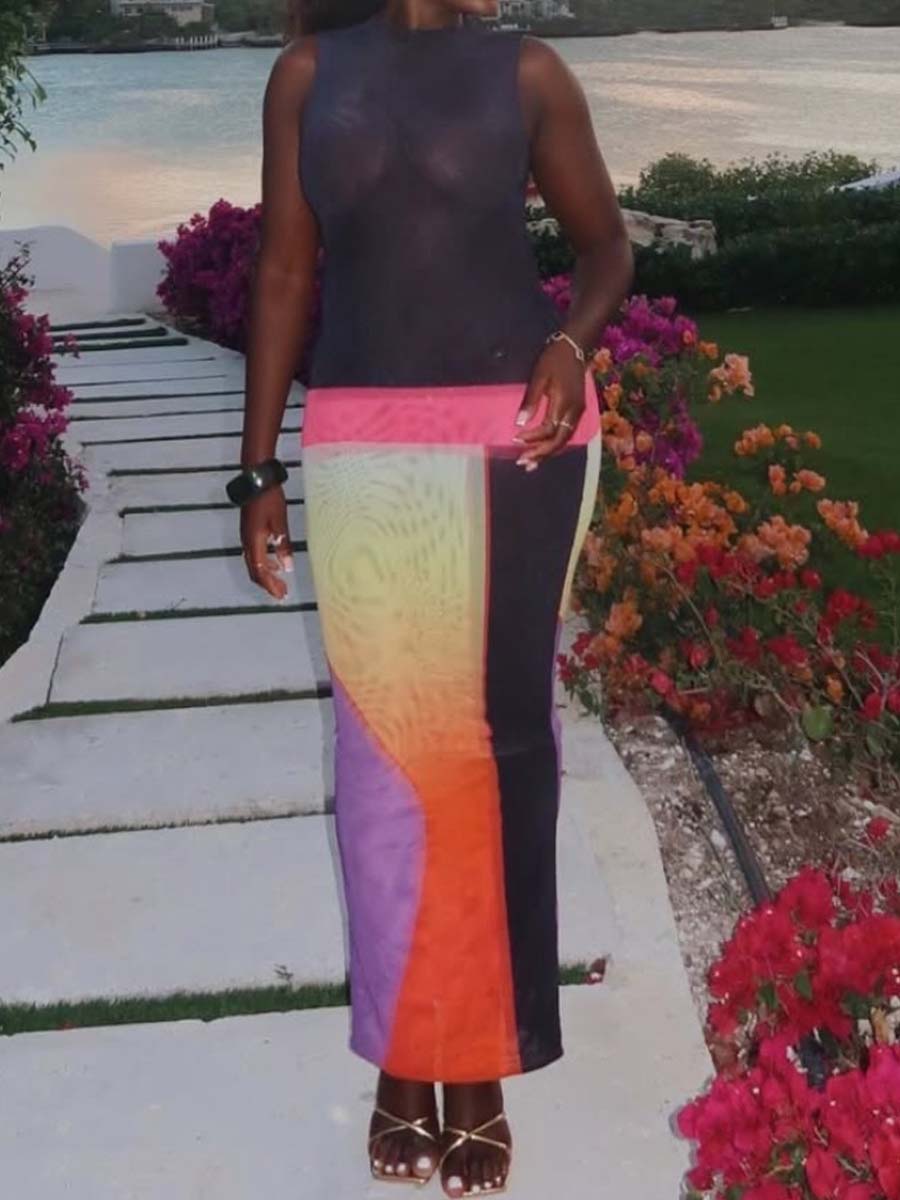 Sleeveless Color Block Maxi Dress