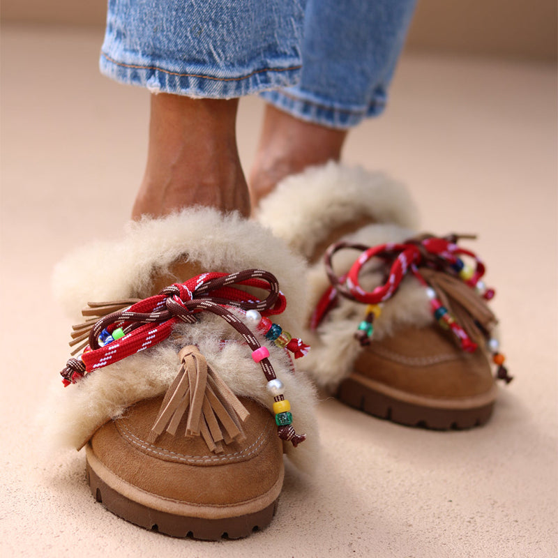 Beaded Fringed Plush Lace-Up Slippers