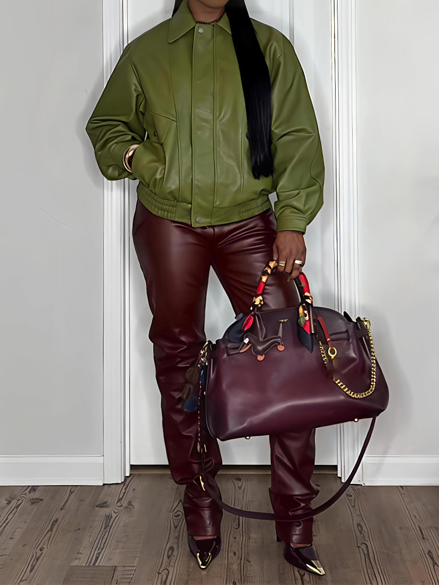 Faux Leather Ribbed Cuffs Bomber Jacket