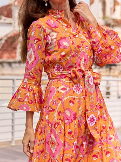 Elegant Printed Bell Sleeve Maxi Dress