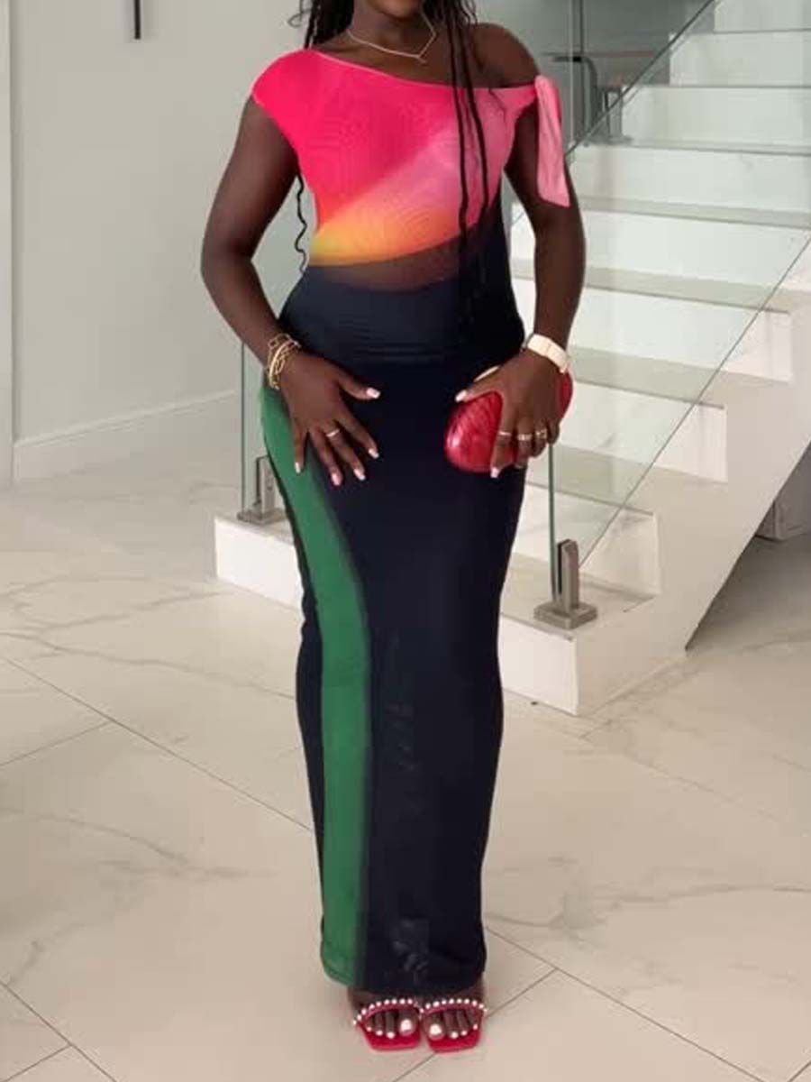 Fashion Stretch Color Block Sexy Skew Neck Dress