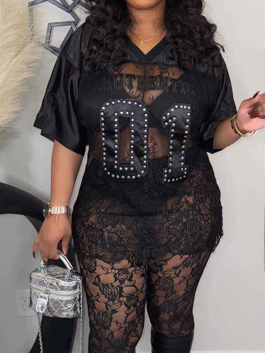 Printed Loose Casual Sexy Lace Patchwork T-shirt