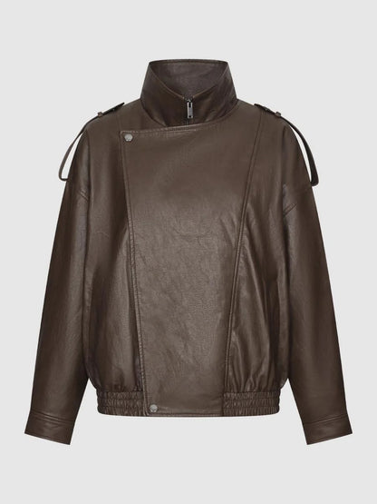 Tie Asymmetric Faux Leather Bomber Jacket