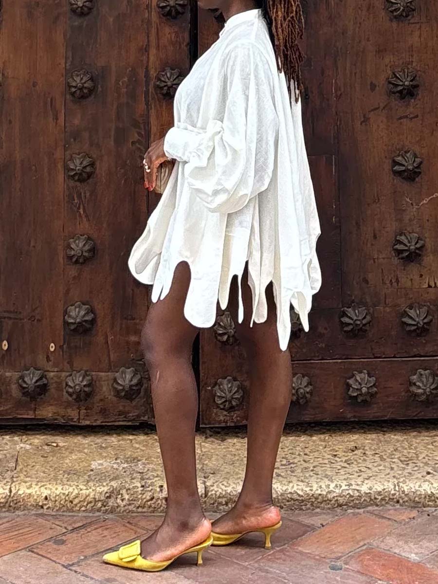 Puffy Sleeve Cut-out Fringed Hem Dress