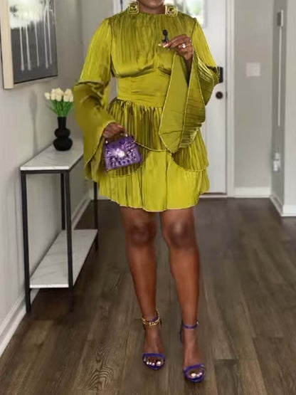 Elegant Long Sleeve Pleated Mini Dress