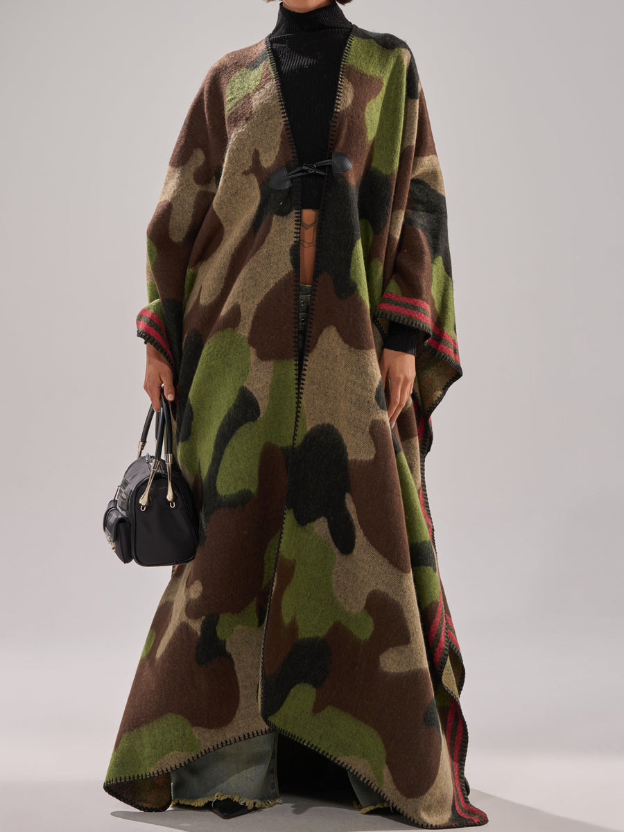 Knitted Camouflage-Print Maxi Poncho
