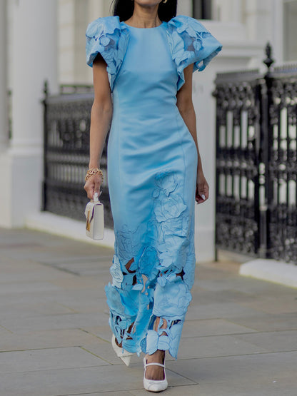 Appliques Puff Sleeve Maxi Dress