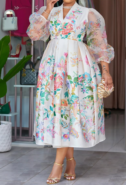 Mesh Lantern Sleeve Printed Dress