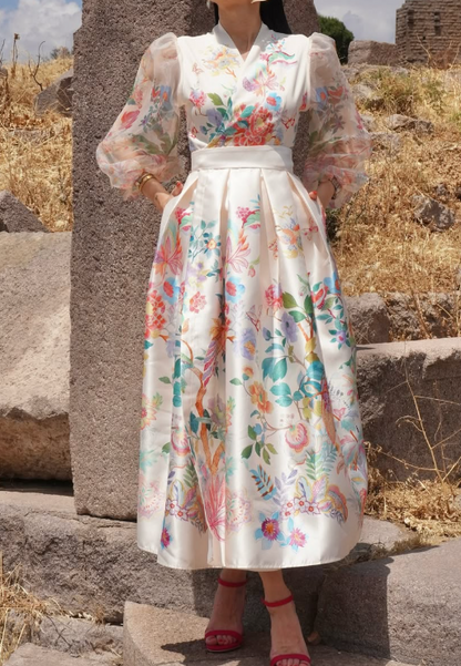 Mesh Lantern Sleeve Printed Dress